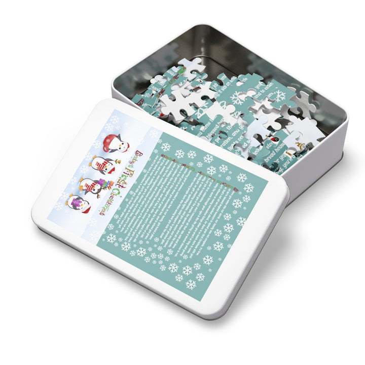Baby's First Christmas Acrostic Poem Jigsaw Puzzle - Gingerbread - Penguins - Tin Box