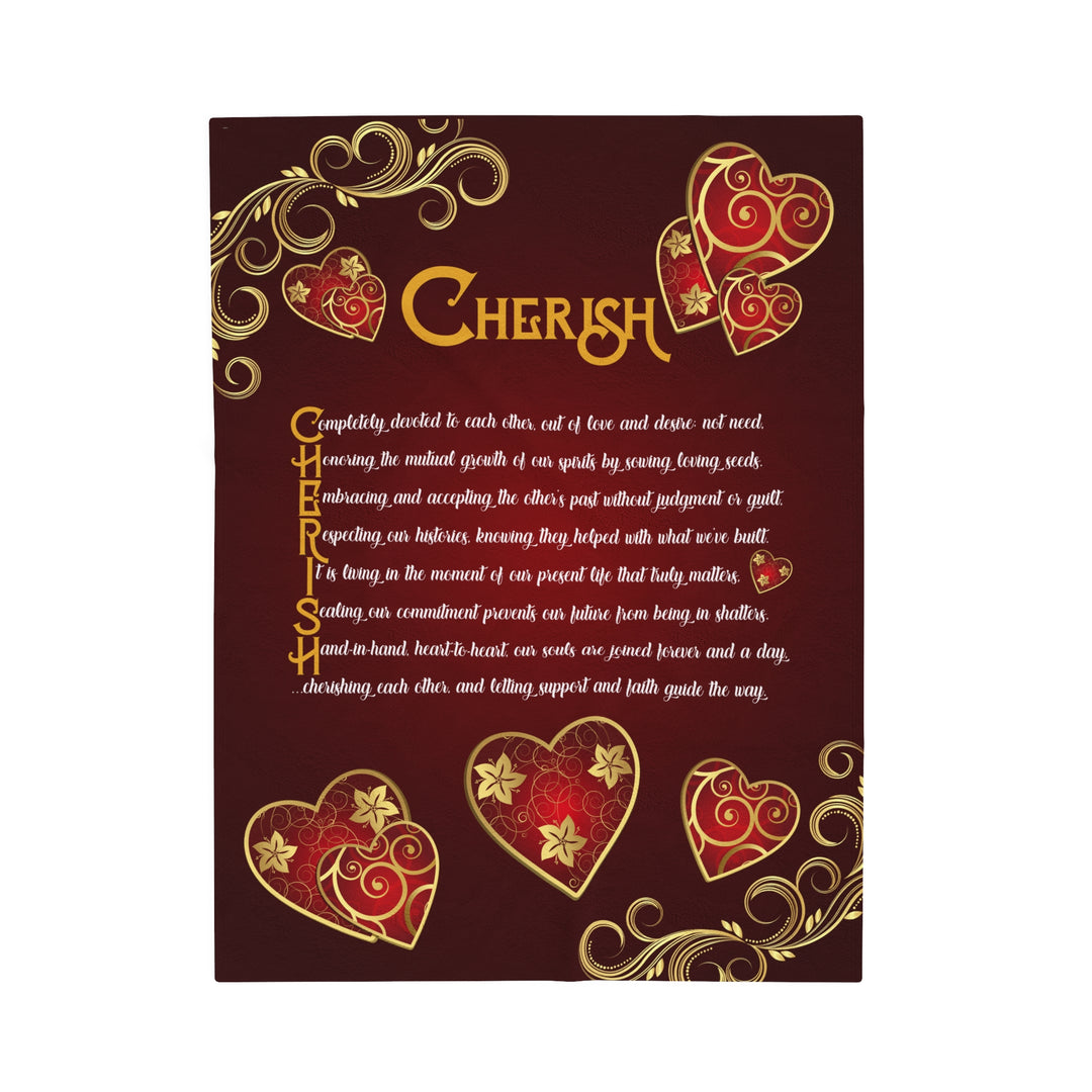 It's Just a Phrase Velveteen Plush Blanket with Acrostic Poem "Cherish" - Hearts and Gold Decor