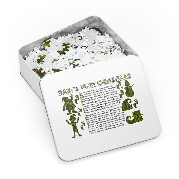 Baby's First Christmas Acrostic Poem Jigsaw Puzzle - Camo - Tin Box