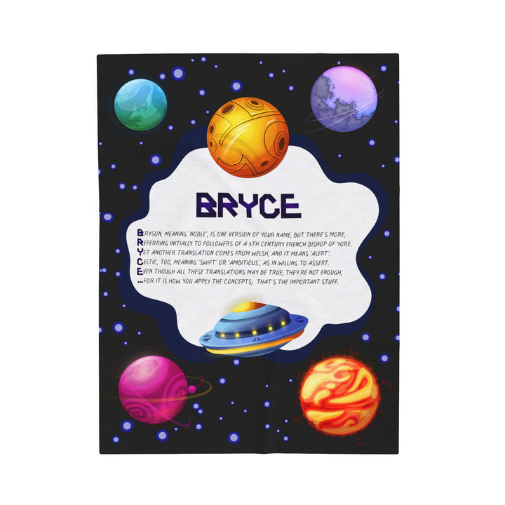 Namesakes Acrostic Poem on Black Velveteen Plush Blanket with Space Design