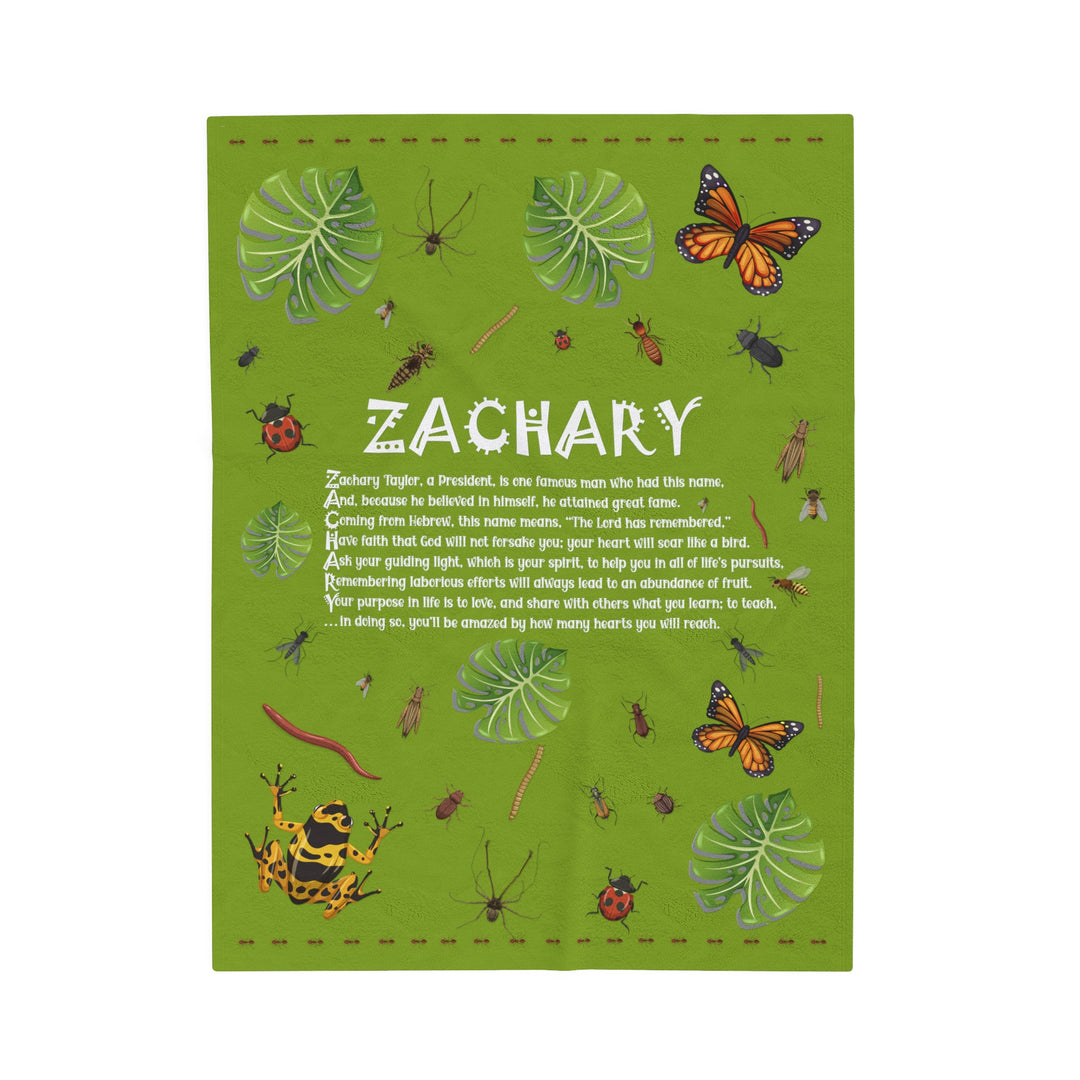 Namesakes Acrostic Poem on Black Velveteen Plush Blanket with Bug Design