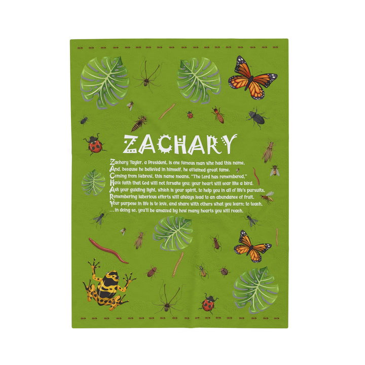 Namesakes Acrostic Poem on Black Velveteen Plush Blanket with Bug Design