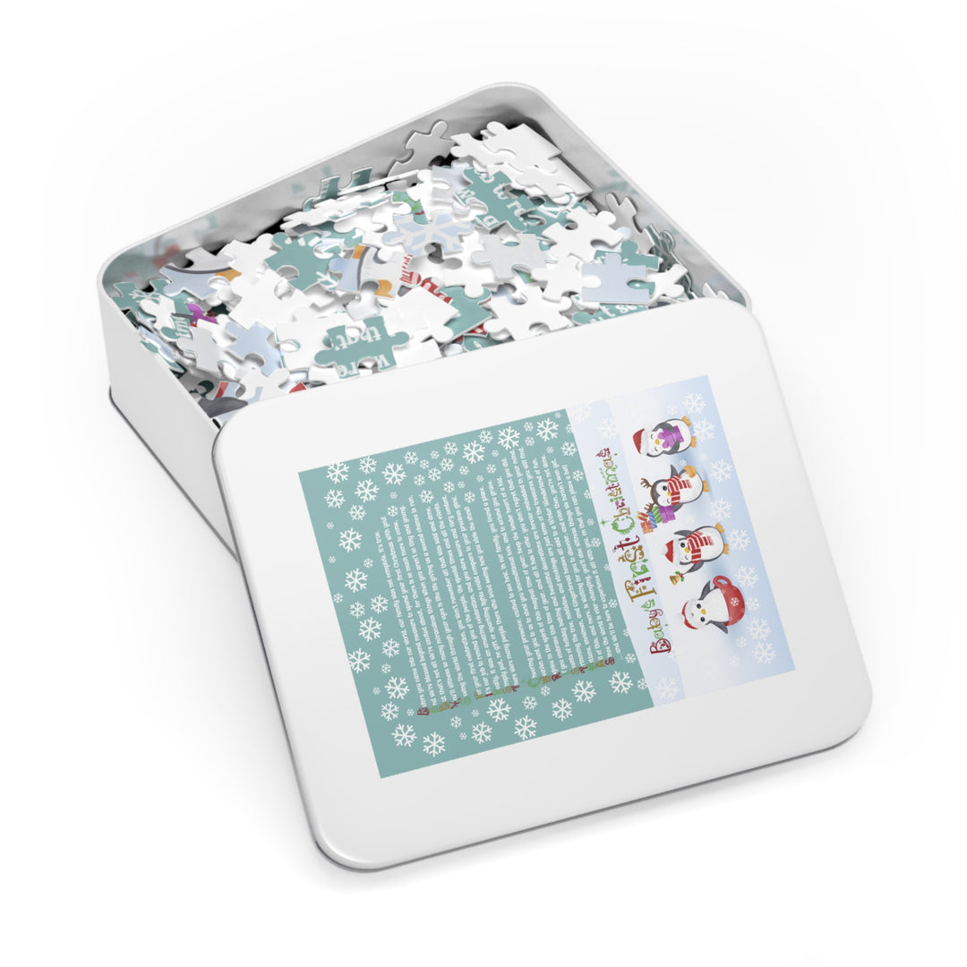 Baby's First Christmas Acrostic Poem Jigsaw Puzzle - Gingerbread - Penguins - Tin Box
