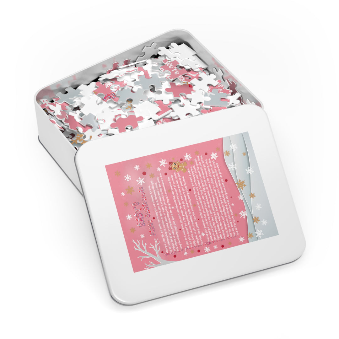 Baby's First Christmas Acrostic Poem Jigsaw Puzzle - Gingerbread - Pink - Tin Box