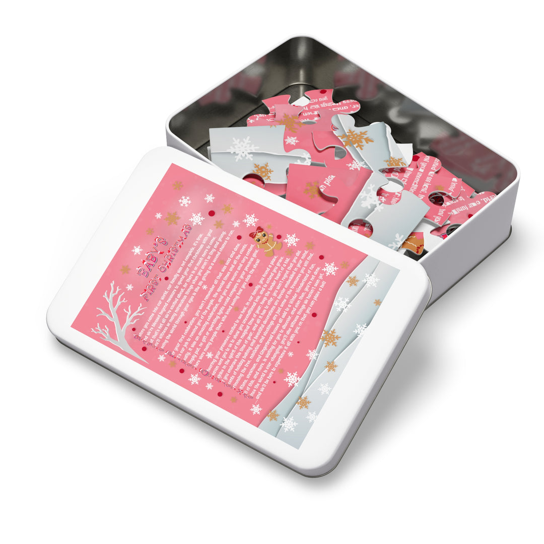 Baby's First Christmas Acrostic Poem Jigsaw Puzzle - Gingerbread - Pink - Tin Box