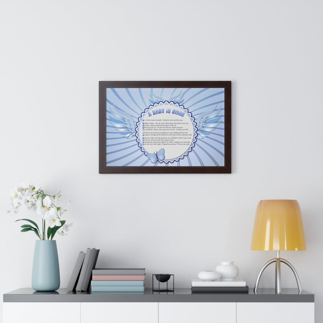 Baby Steps Acrostic Poem Framed Print "A Baby is Born "- Blue