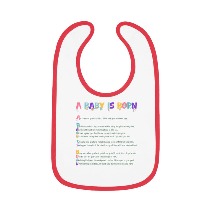Baby Steps Acrostic Poem - Contrast Trim Jersey Bib - "A Baby is Born" Baby Items Font