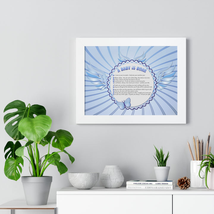 Baby Steps Acrostic Poem Framed Print "A Baby is Born "- Blue
