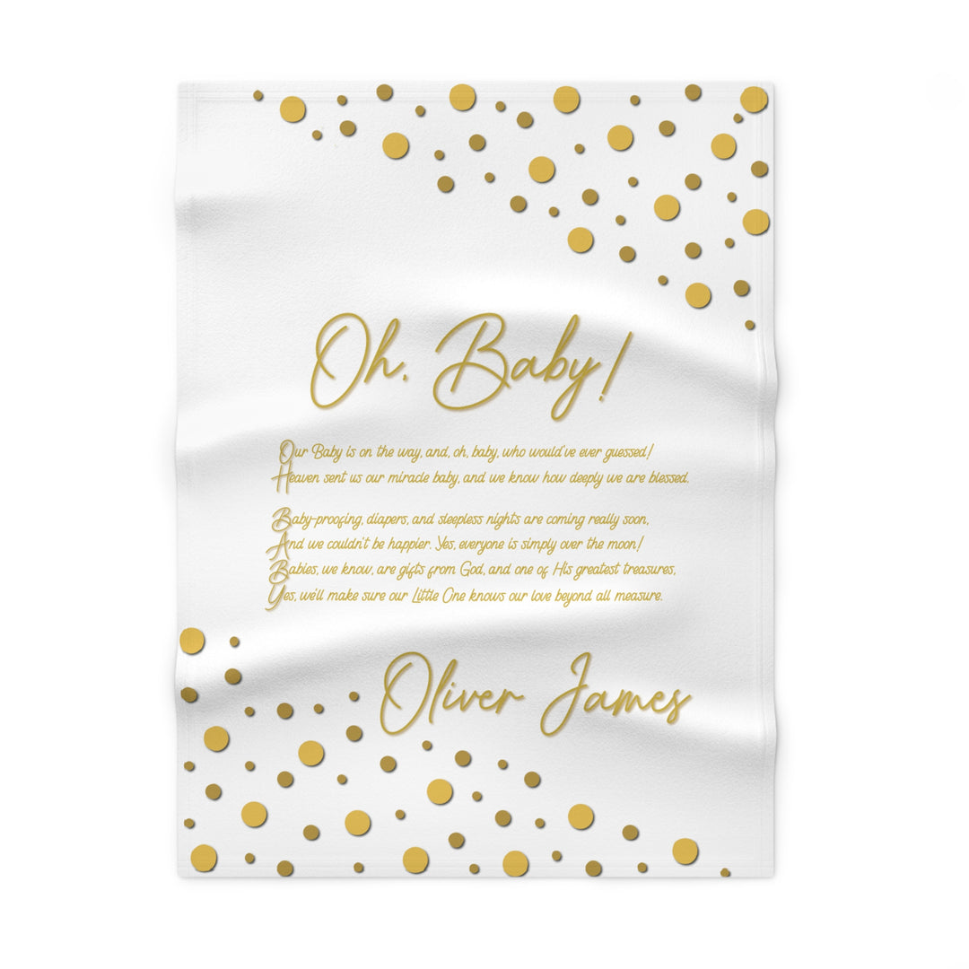 Oh, Baby acrostic poem blanket with gold text and confetti dots on white background 
