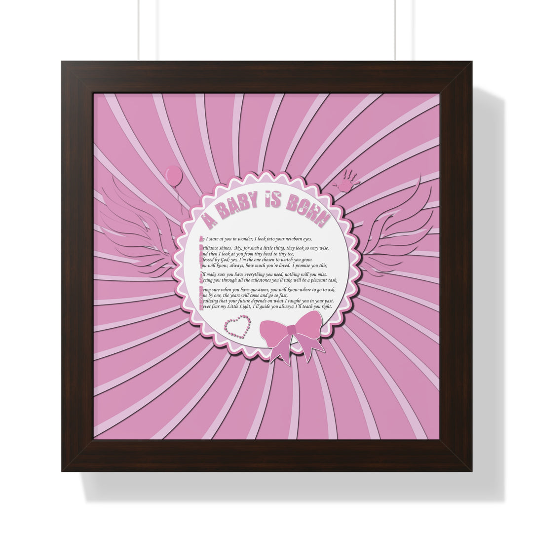 Baby Steps Acrostic Poem Framed Print "A Baby is Born" - Pink