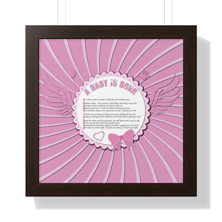 Baby Steps Acrostic Poem Framed Print "A Baby is Born" - Pink