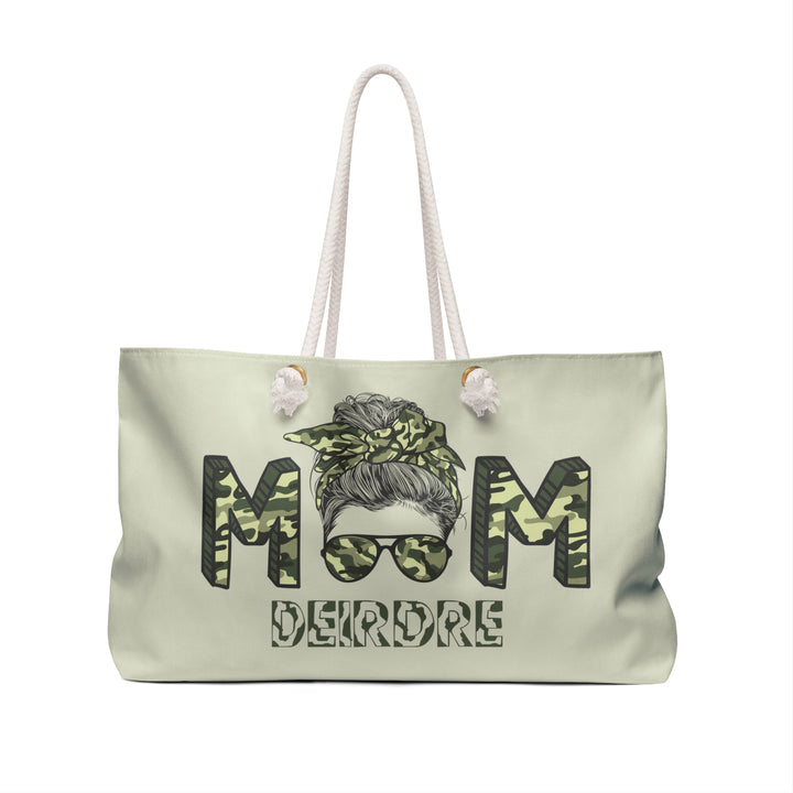 Camo Text Weekender Tote Bag with Acrostic Poem Spelling Out "My Mother"