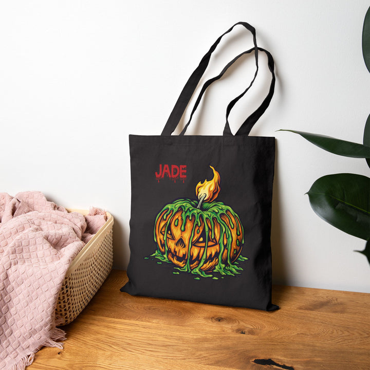 "Happy Halloween" Acrostic Poem Canvas Candy Tote Bag - Creepy Pumpkin- Personalized