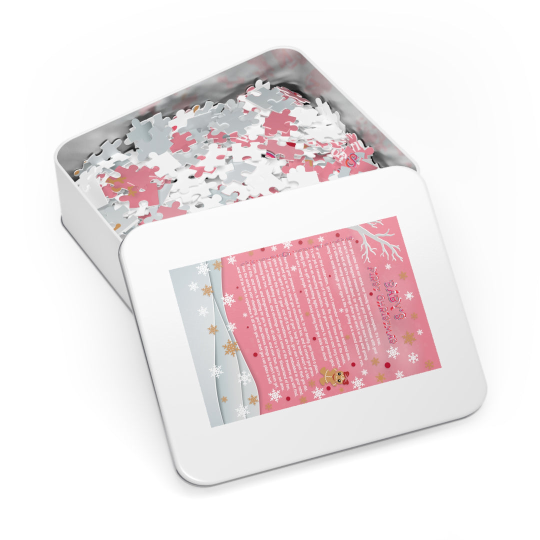 Baby's First Christmas Acrostic Poem Jigsaw Puzzle - Gingerbread - Pink - Tin Box