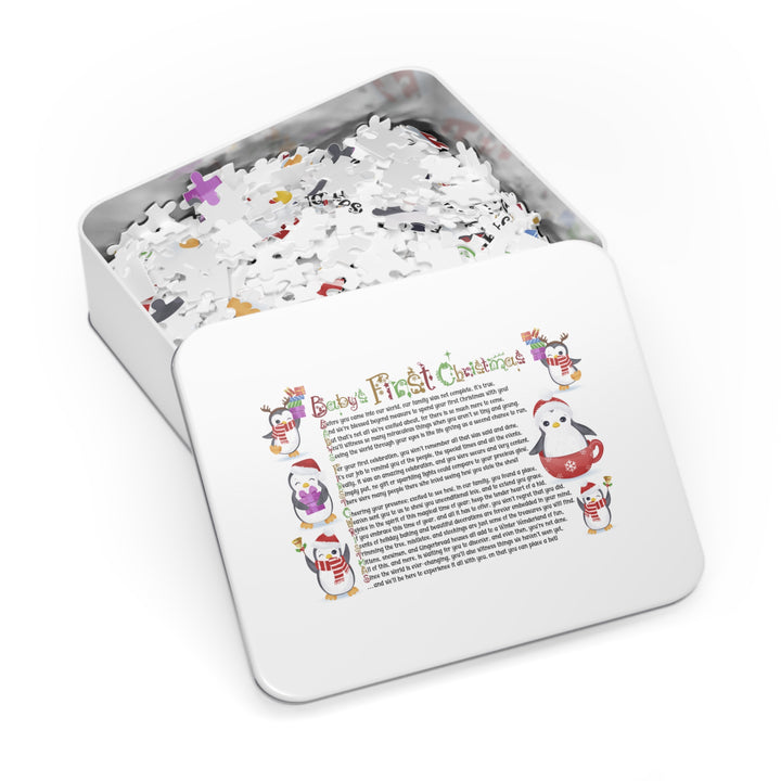Baby's First Christmas Acrostic Poem Jigsaw Puzzle - Penguins-Christmas Items Font - Tin Box