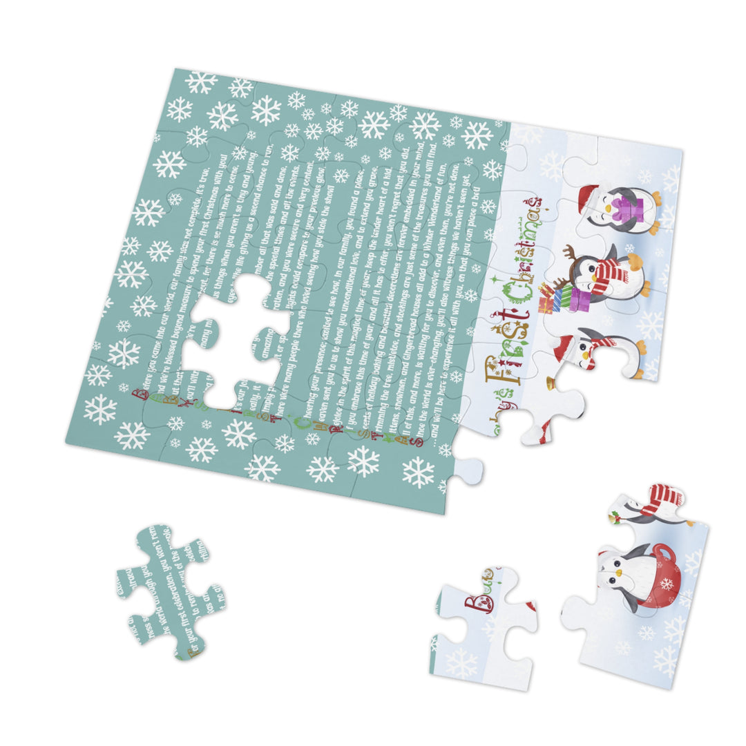 Baby's First Christmas Acrostic Poem Jigsaw Puzzle - Gingerbread - Penguins - Tin Box