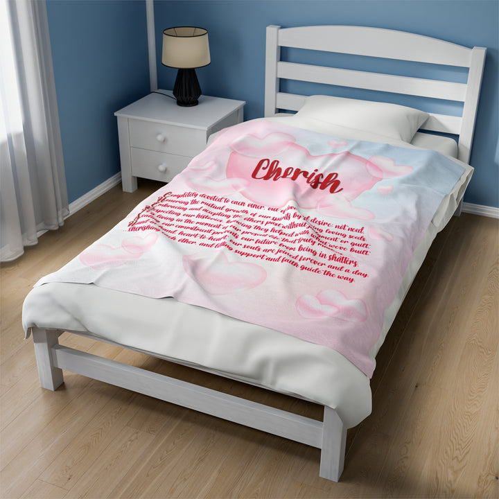 It's Just a Phrase Velveteen Plush Blanket with Acrostic Poem "Cherish" - Pink Cloud Hearts