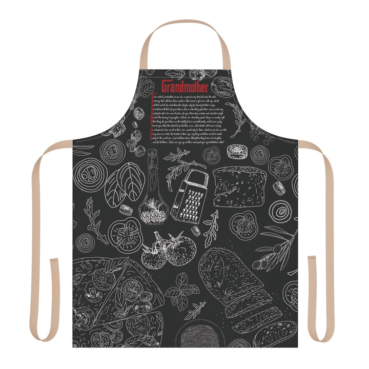 Black apron with white illustrations and text on a white background