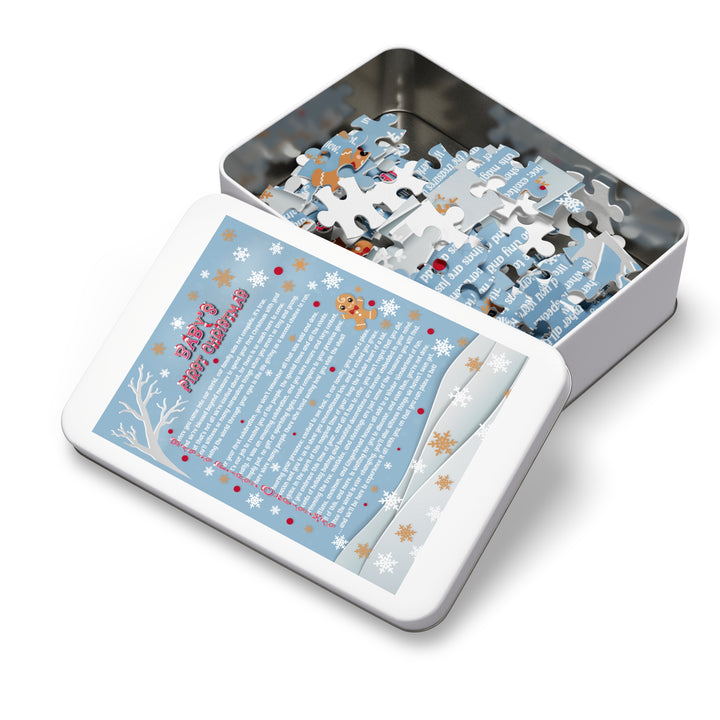 Baby's First Christmas Acrostic Poem Puzzle - Gingerbread - Blue - Tin Box