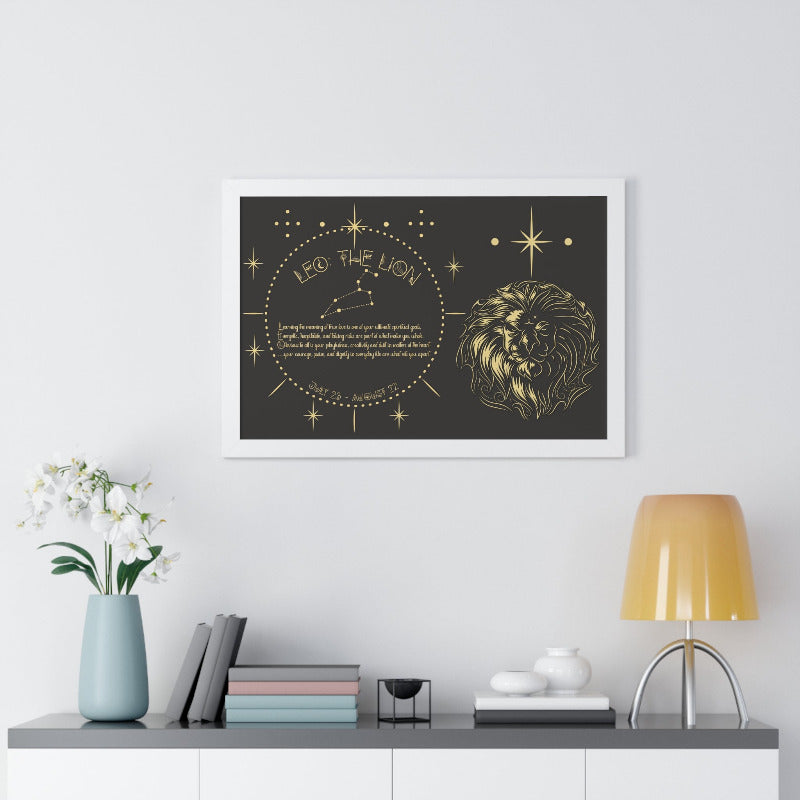 A framed acrostic poem print featuring the word 'Leo' in each letter, with a star chart design in the background, displayed on a white wall above a shelf with books and a lamp.