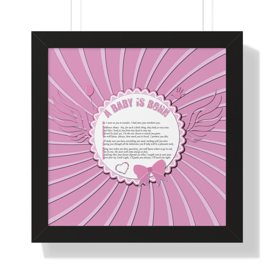Baby Steps Acrostic Poem Framed Print "A Baby is Born" - Pink