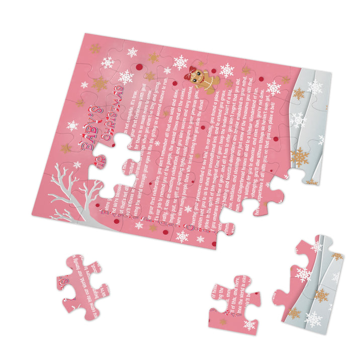 Baby's First Christmas Acrostic Poem Jigsaw Puzzle - Gingerbread - Pink - Tin Box