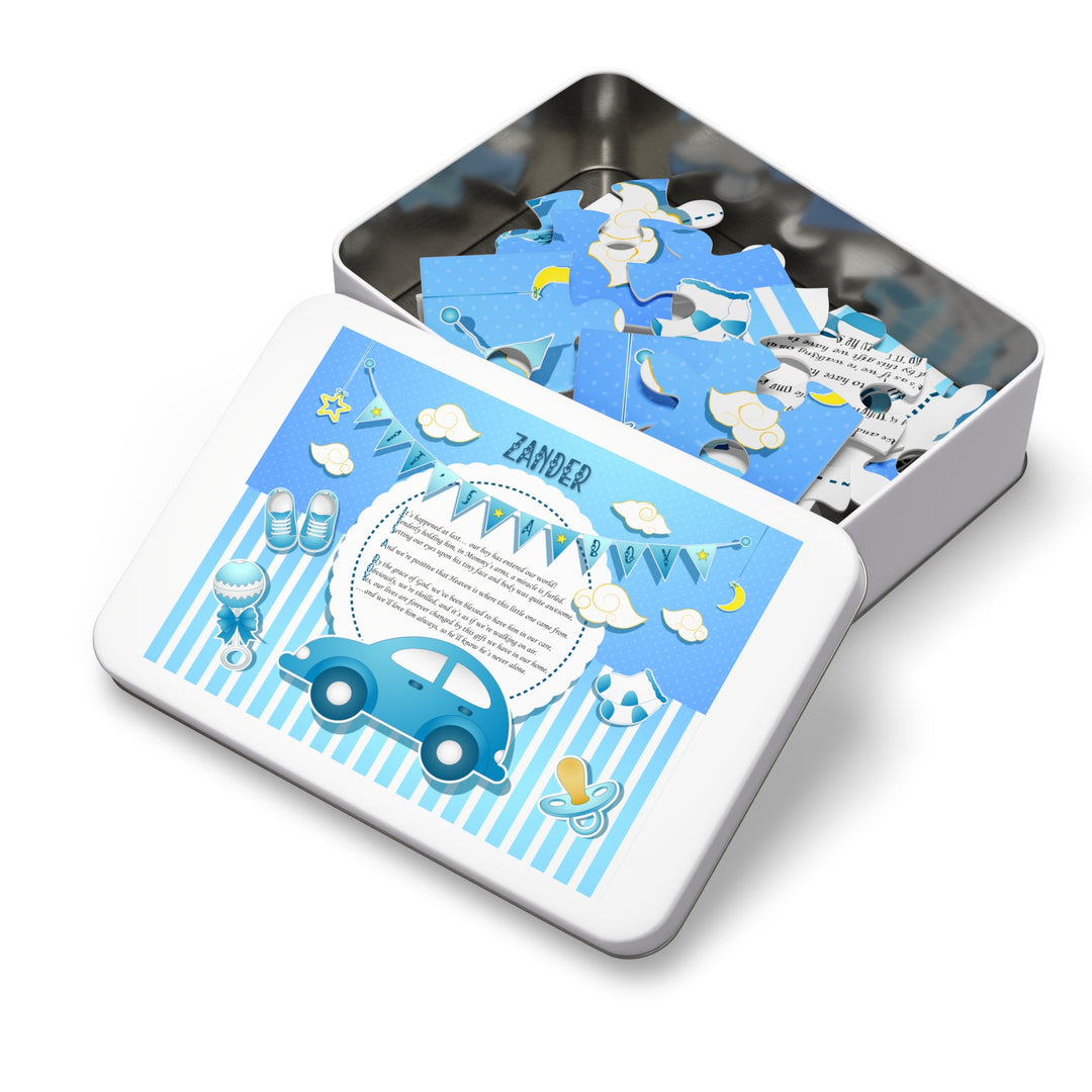 It's a Boy Acrostic Poem Puzzle - Blue Stripes - Tin Box - Personalized