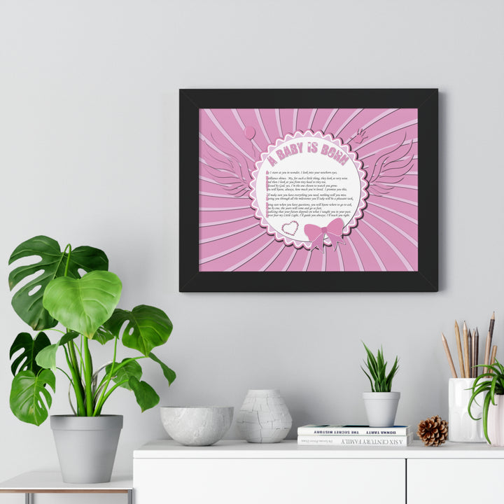 Baby Steps Acrostic Poem Framed Print "A Baby is Born" - Pink