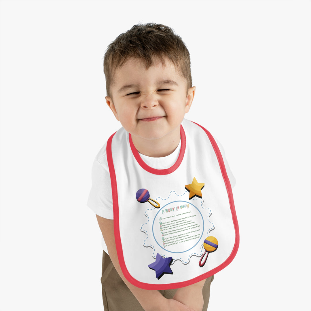 Baby Steps Acrostic Poem - Contrast Trim Jersey Bib - "A Baby is Born" - Rattles and Stars