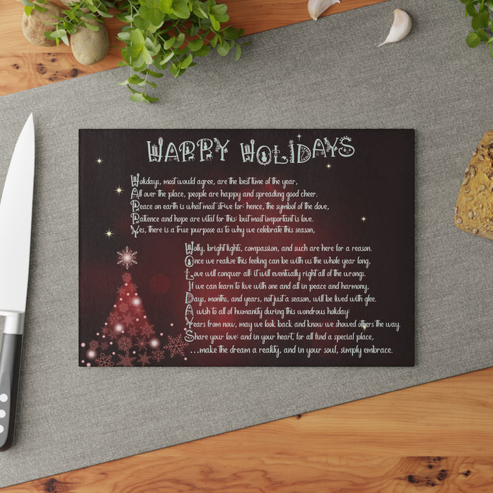 Happy Holidays Acrostic Poem Glass Cutting Board - Burgandy