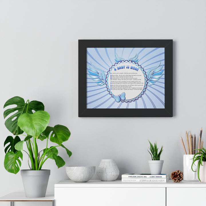 Baby Steps Acrostic Poem Framed Print "A Baby is Born "- Blue