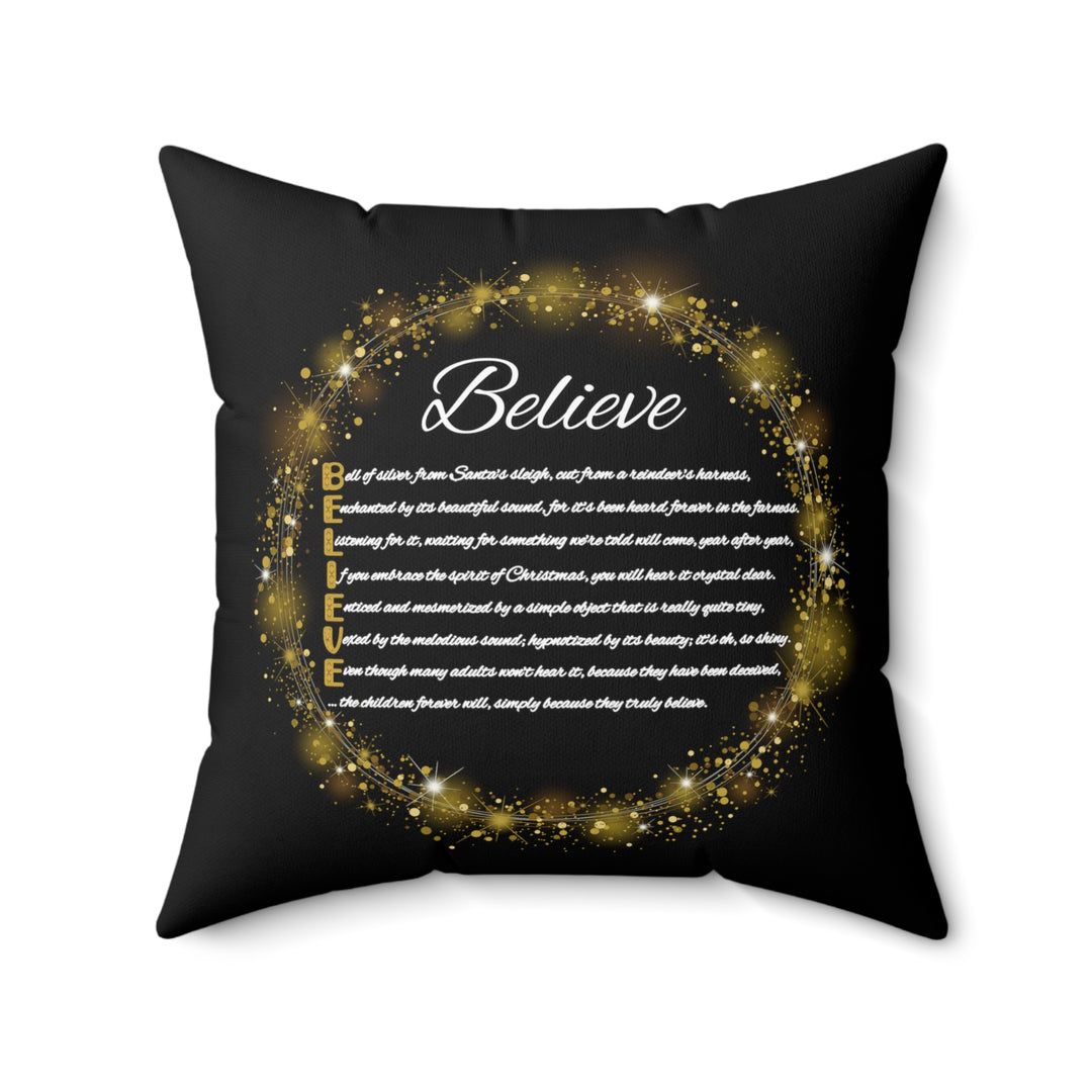 Holiday Pillow from "Learn, Lead, Believe" Collection with Acrostic Poem Spelling out "Believe".
