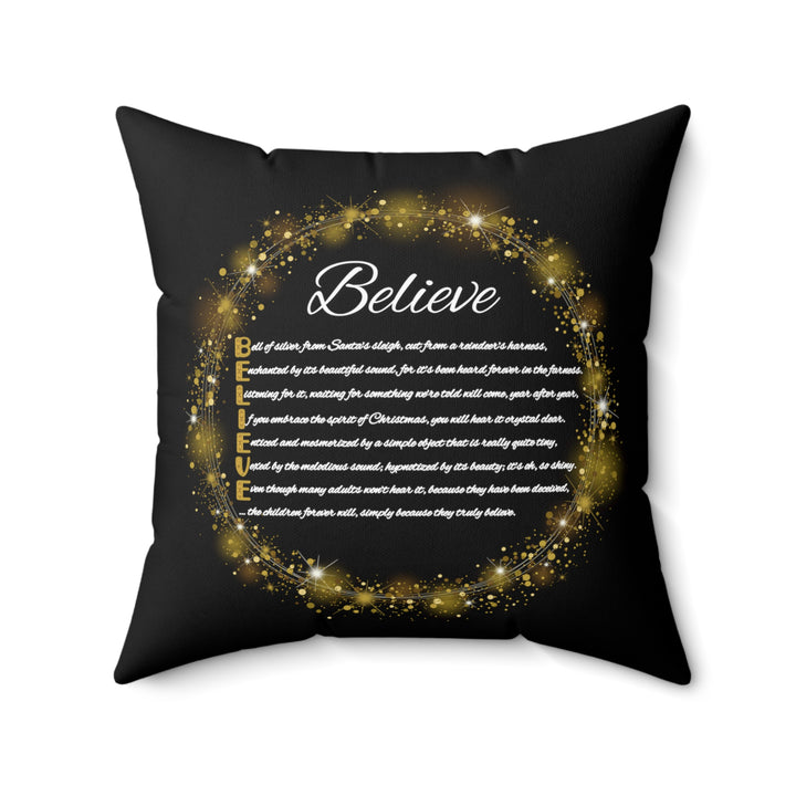 Holiday Pillow from "Learn, Lead, Believe" Collection with Acrostic Poem Spelling out "Believe".