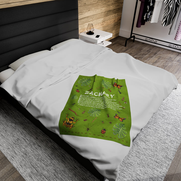 Namesakes Acrostic Poem on Black Velveteen Plush Blanket with Bug Design