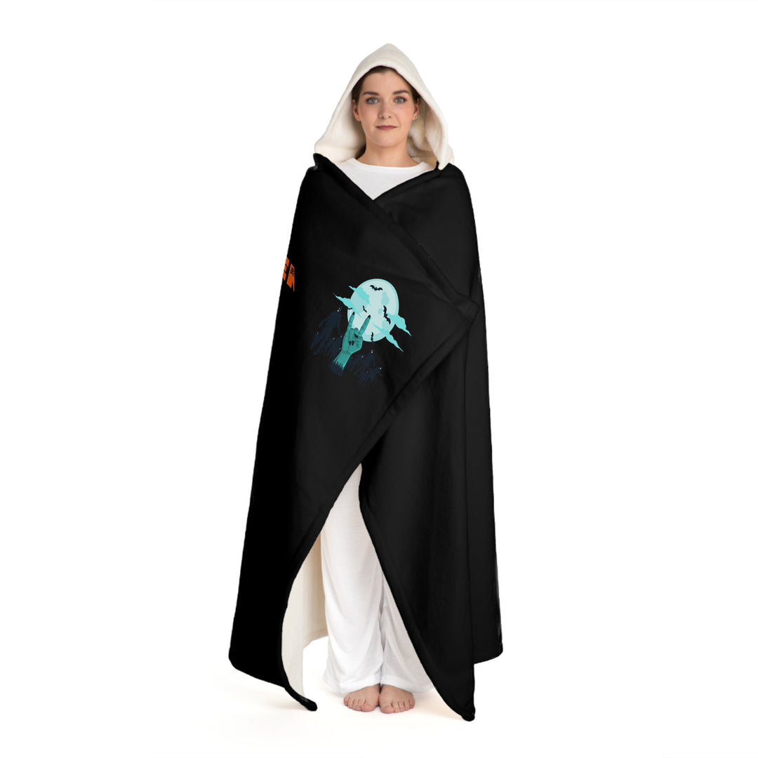Happy Halloween Hooded Sherpa Fleece Blanket - Zombies - "Rock On" Hand - Black