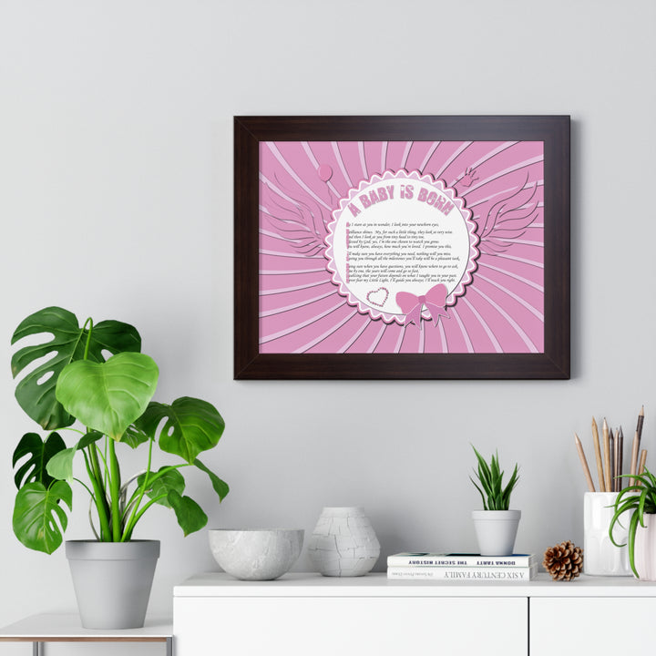 Baby Steps Acrostic Poem Framed Print "A Baby is Born" - Pink