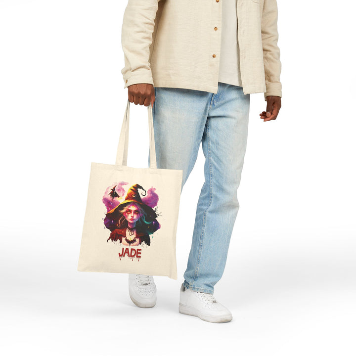 "Happy Halloween" Acrostic Poem Canvas Candy Tote Bag - Creepy Witch - Personalized