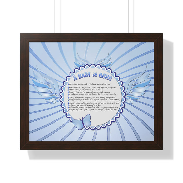 Baby Steps Acrostic Poem Framed Print "A Baby is Born "- Blue