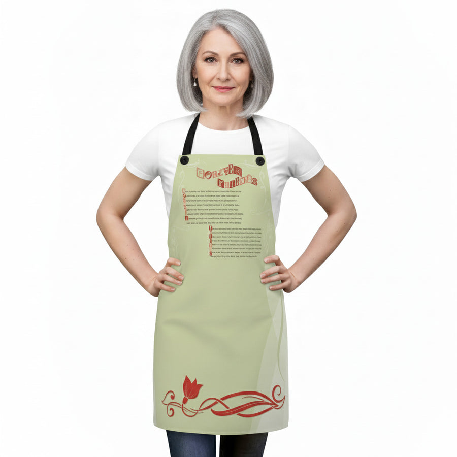 Person wearing a green apron with red designs and text on a white background
