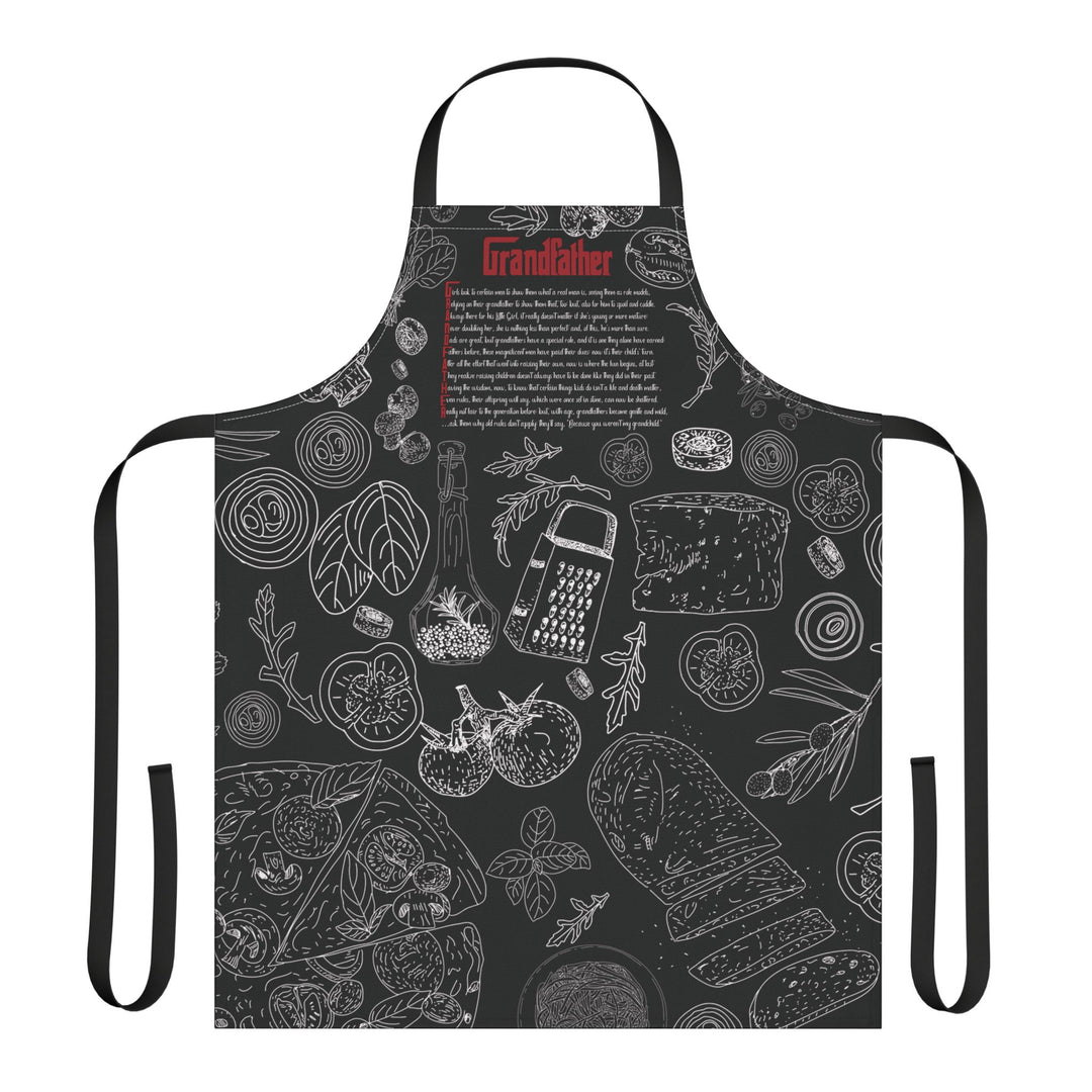 Black apron with white illustrations and text on a white background