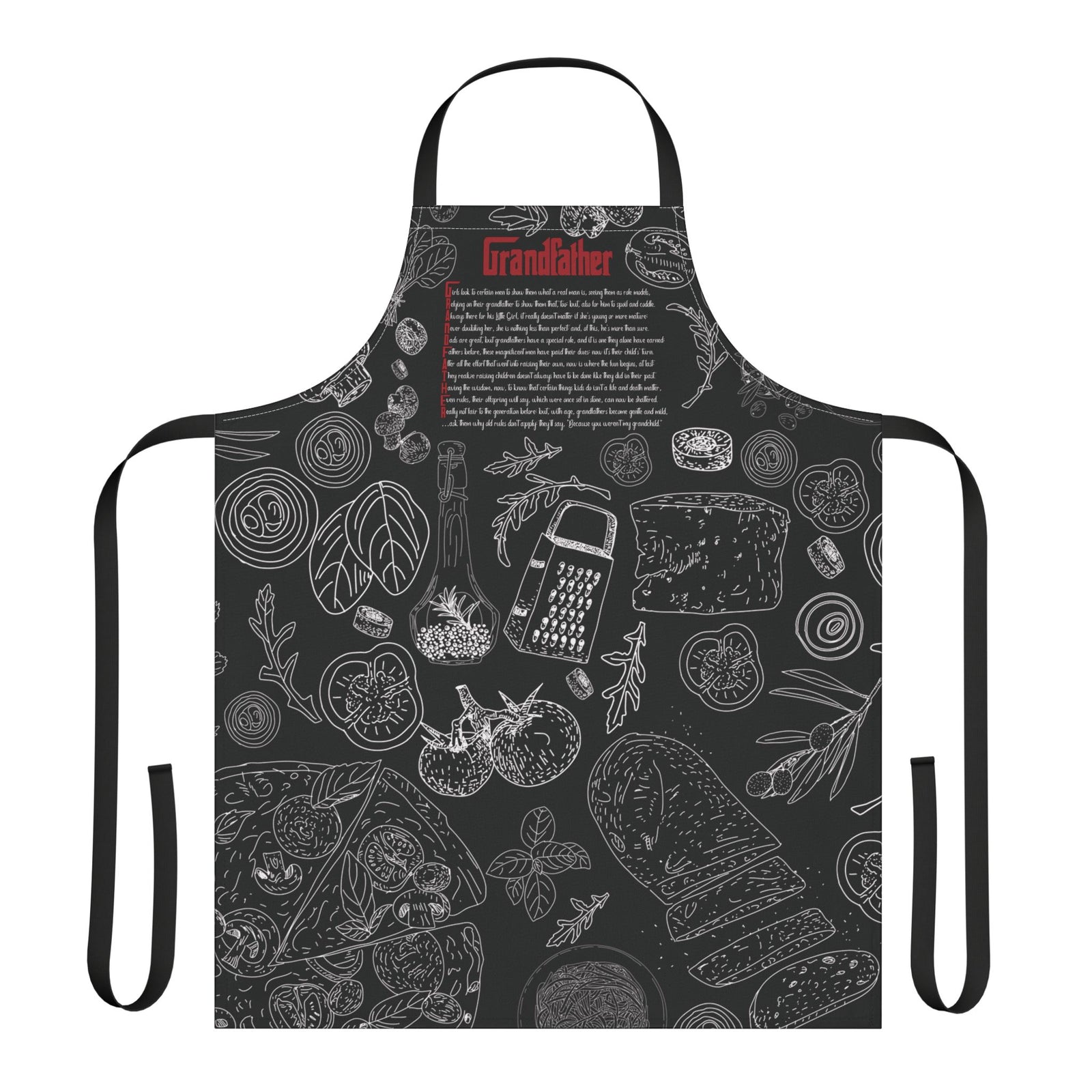 Black apron with white illustrations and text on a white background