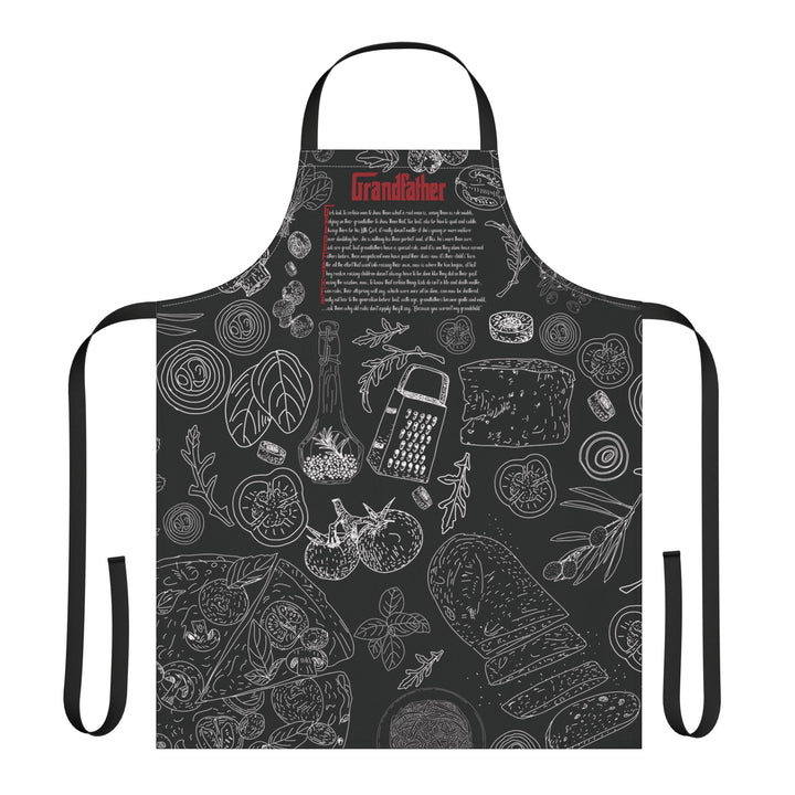 Black apron with white illustrations and text on a white background