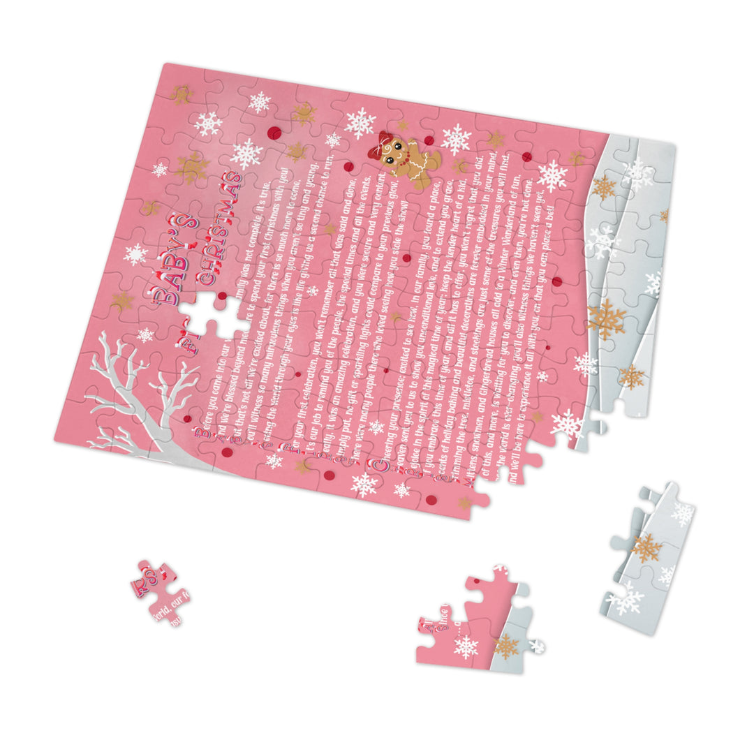 Baby's First Christmas Acrostic Poem Jigsaw Puzzle - Gingerbread - Pink - Tin Box
