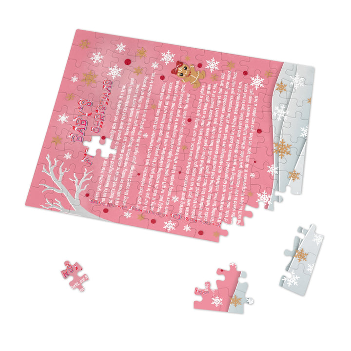 Baby's First Christmas Acrostic Poem Jigsaw Puzzle - Gingerbread - Pink - Tin Box