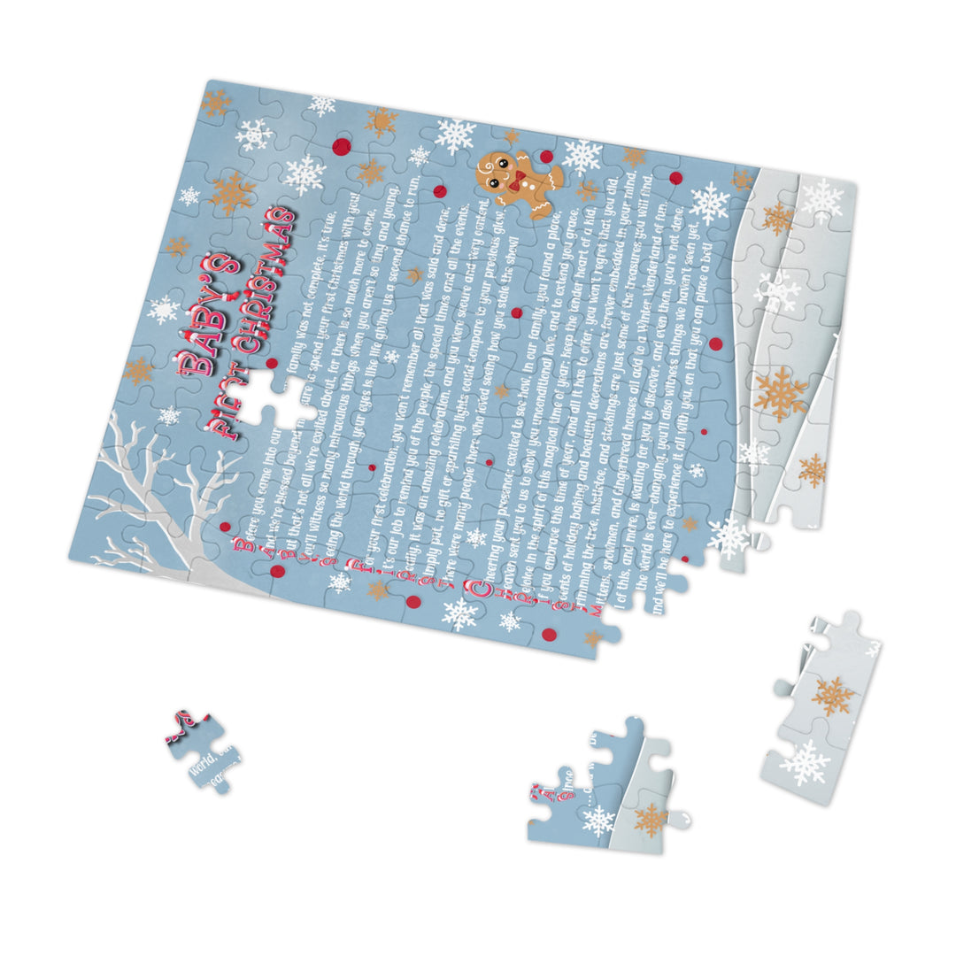 Baby's First Christmas Acrostic Poem Puzzle - Gingerbread - Blue - Tin Box