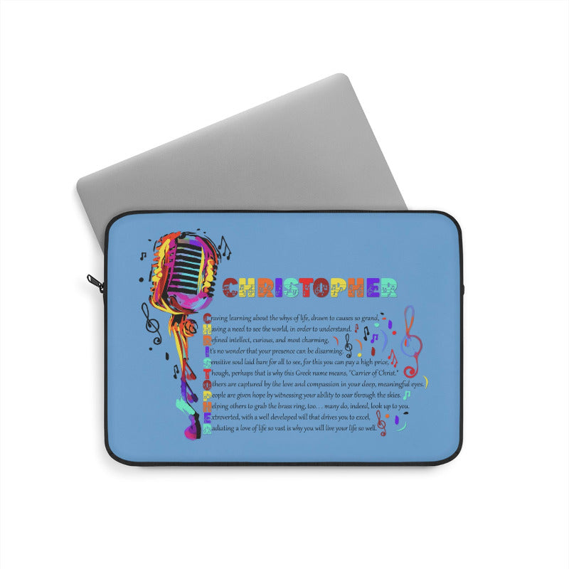 Laptop sleeve with colorful microphone design and text on a blue background