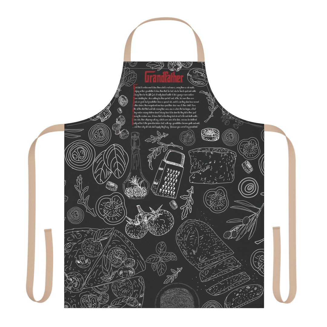 Black apron with white illustrations and text on a white background