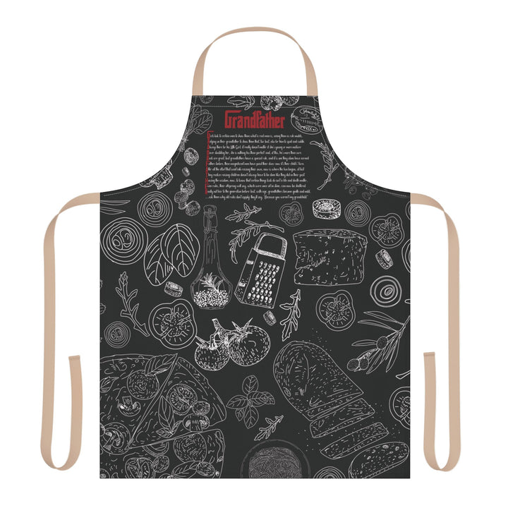 Black apron with white illustrations and text on a white background