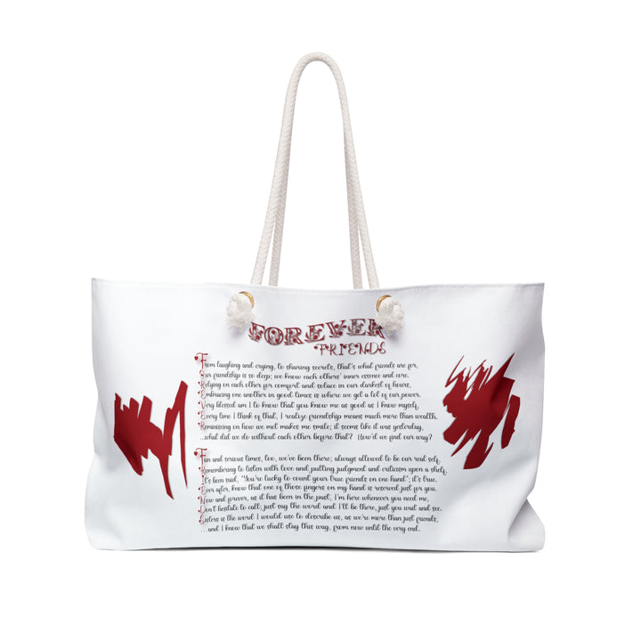 White and Red Weekender Tote Bag with Acrostic Poem Spelling Out "Forever Friends"