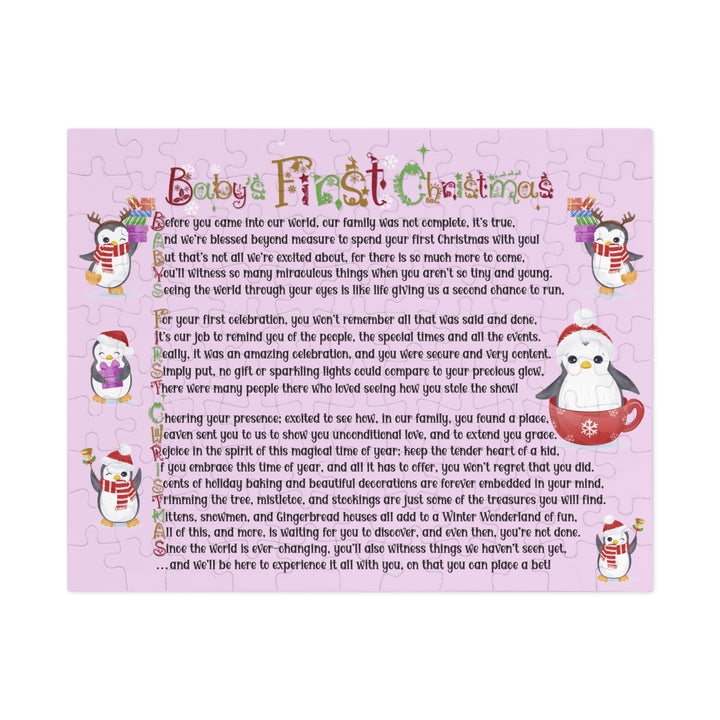 Baby's First Christmas Acrostic Poem Jigsaw Puzzle - Penguins - Lavender - Tin Box